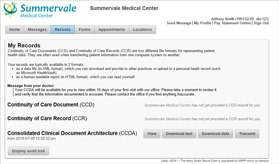example of patient portal view with Henry Schein Secure Chart Patient Portal