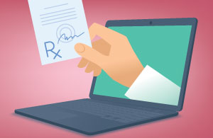 epcs-preview Electronic Prescribing for Small Practices: A hand reaching out of the computer with a prescription to illustrate a provider utilizing EPCS