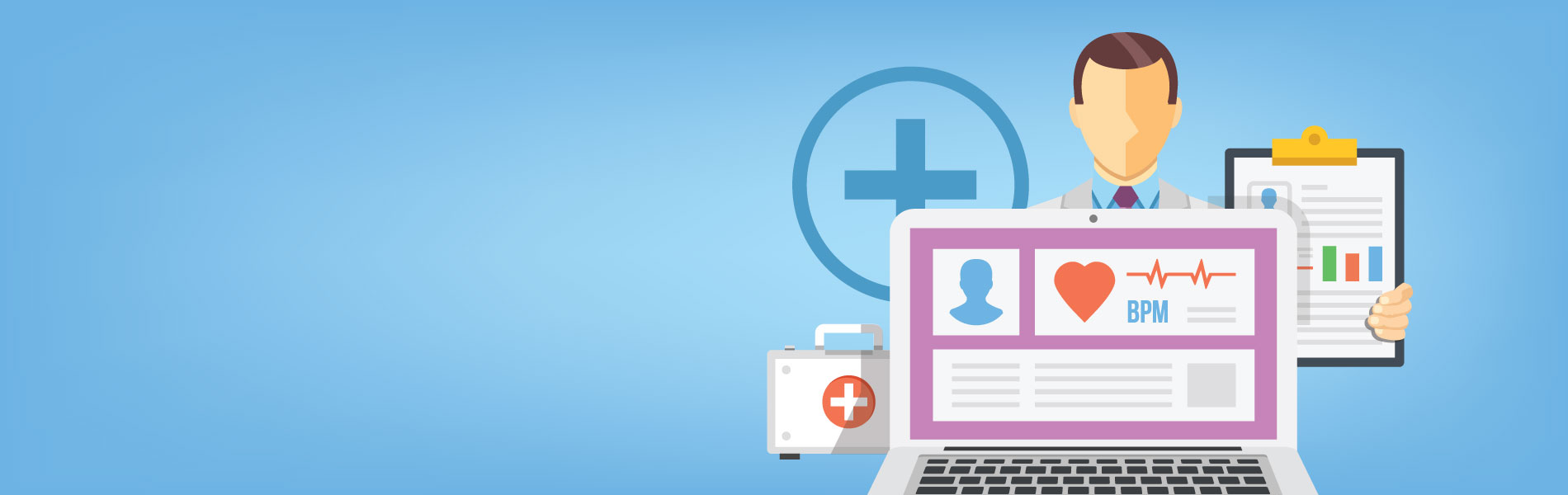 benefits of patient portal: an illustration of a patient portal feature a screen, a doctor, and a chart