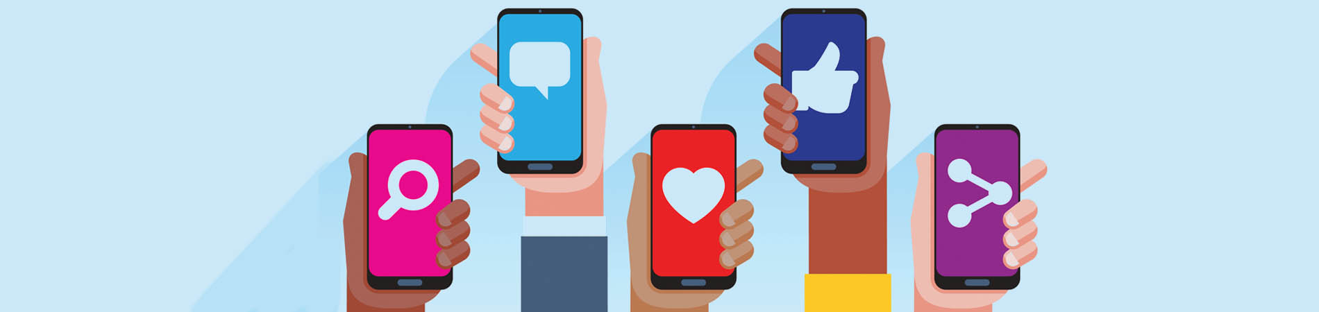 Social media icons on five different phones held in hands