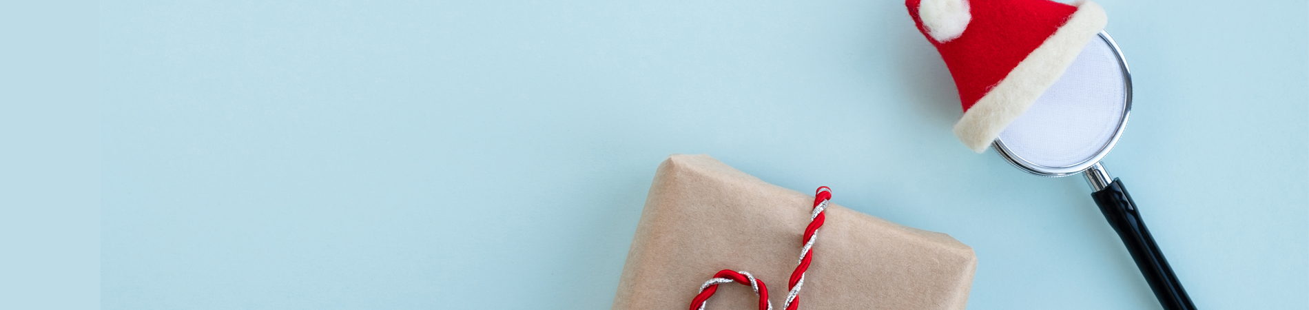 A holiday image with a stethoscope in a Santa hat.